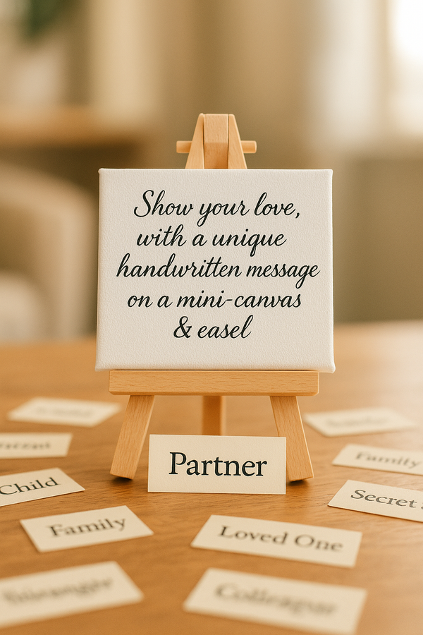 Create And Send a Personalised Gift, With A Hand Written Message on a Mini-Canvas (Magnetic) & Easel + Card, To Someone Special